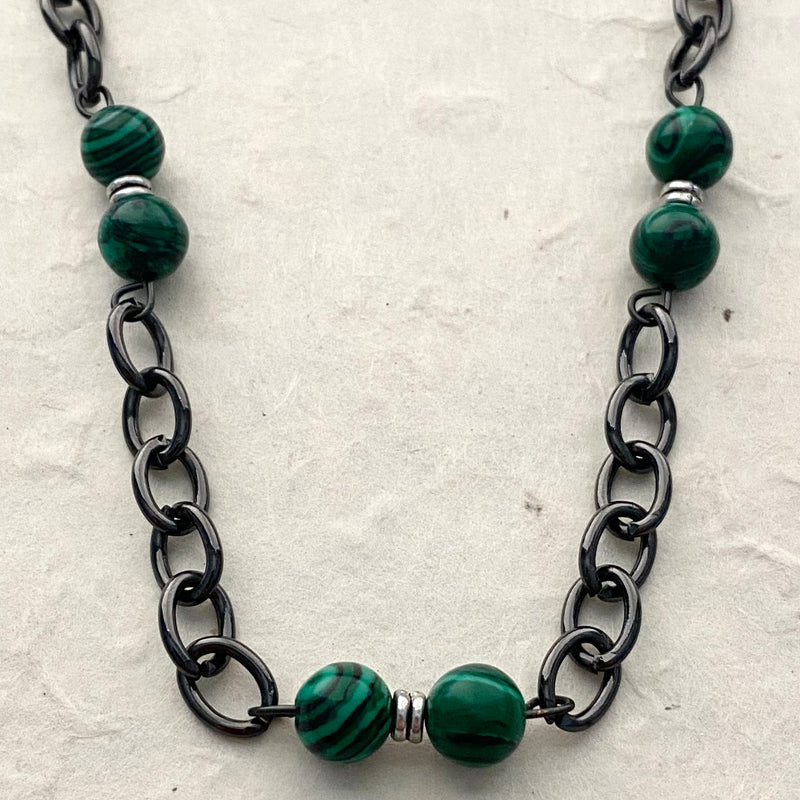 Malachite Stone Beads on Black Chain Necklace
