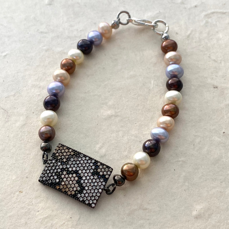 Mixed Colored Pearls with CZ Focal Charm Bracelet