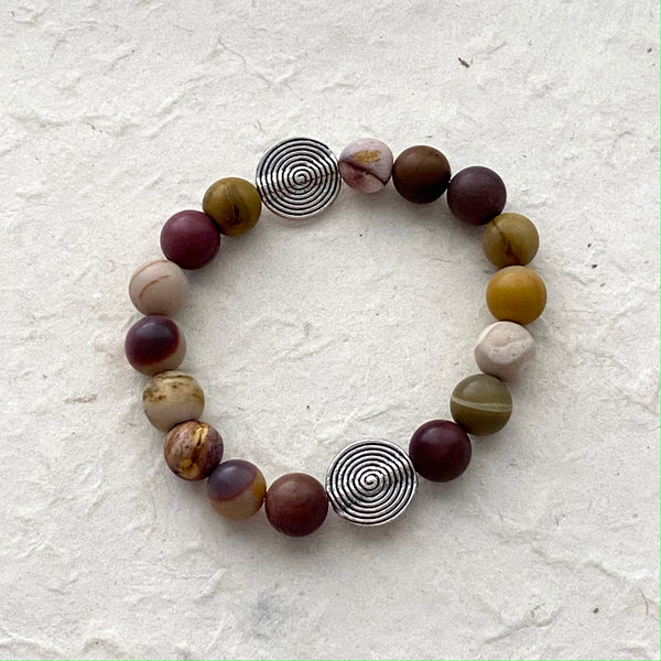 Mookaite Bead Stretch Bracelet with Silver Accents