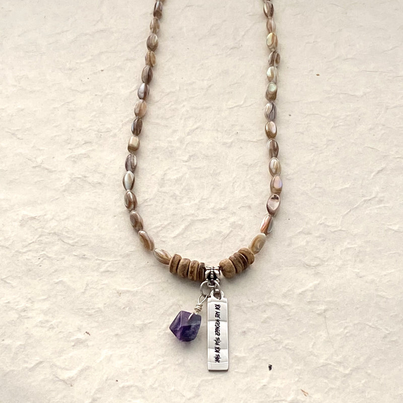 Mother of Pearl Beaded Necklace & Fluorite Stone with Stamped Charm