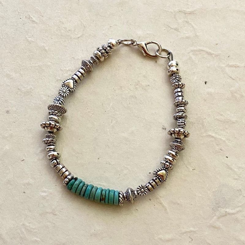 Multi-shaped Silver Bead Bracelet with Turquoise