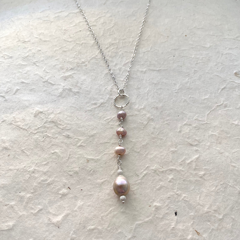 Multi Pink Pearl Drop on Silver Chain