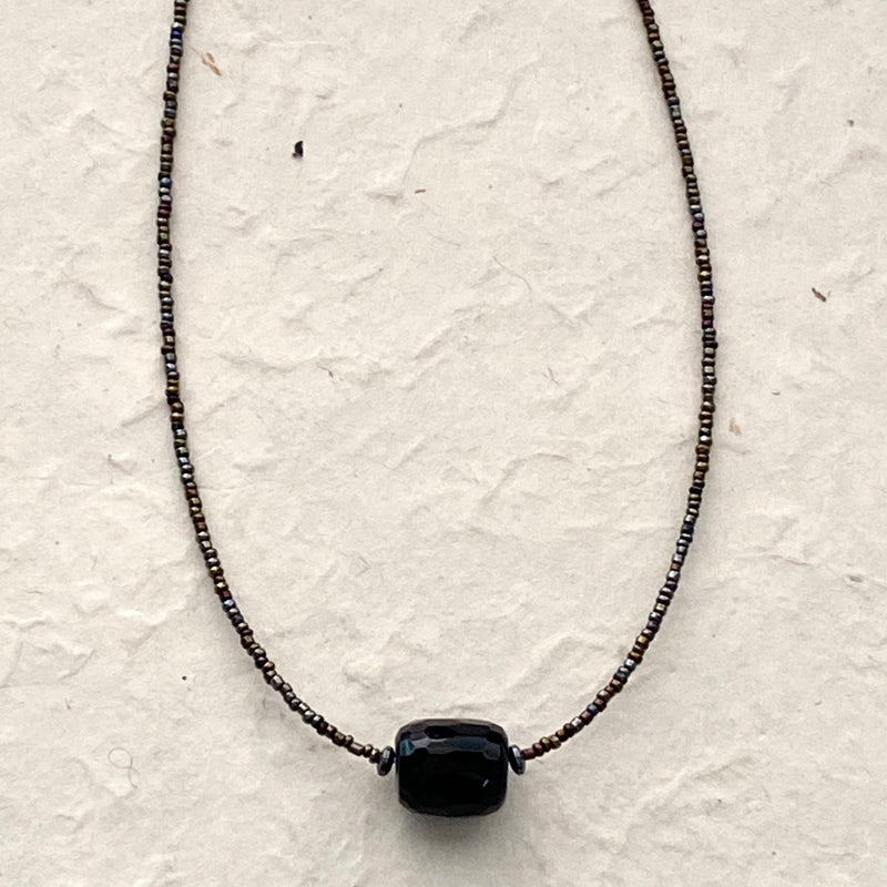 Black Agate Accent Necklace with Glass Beads