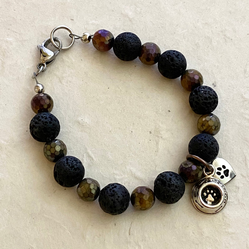 Mystic Tiger Eye and Lava Bead Bracelet with Dog Charms