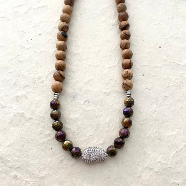 Mystic Tiger Eye and Wood Beads with CZ Bead Necklace