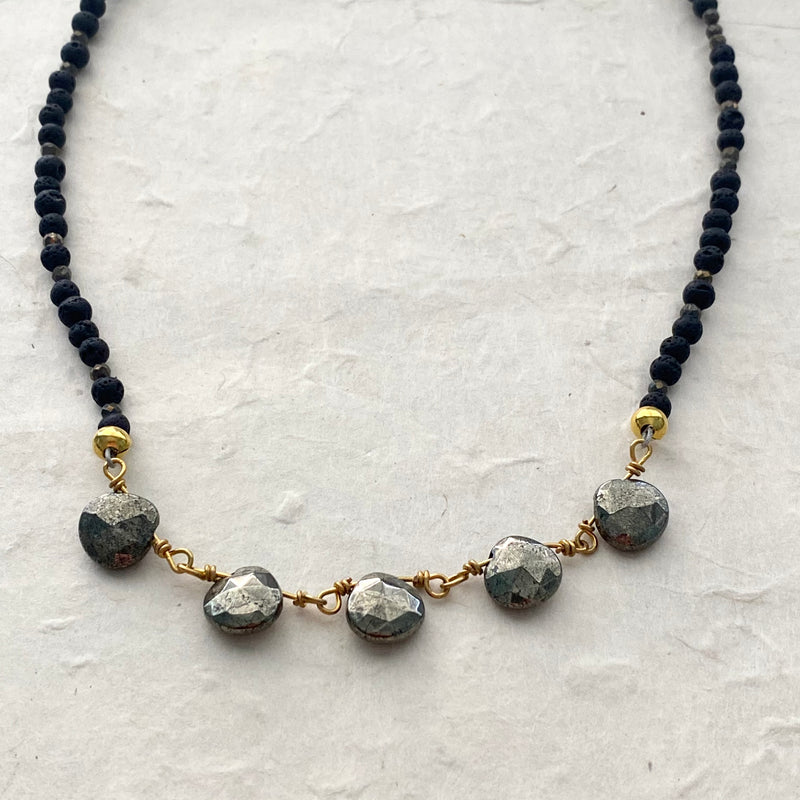 Natural Pyrite Drops with Petite Lava and Pyrite Bead Necklace