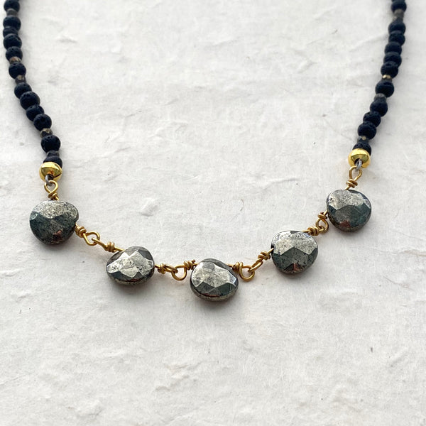Natural Pyrite Drops with Petite Lava and Pyrite Bead Necklace