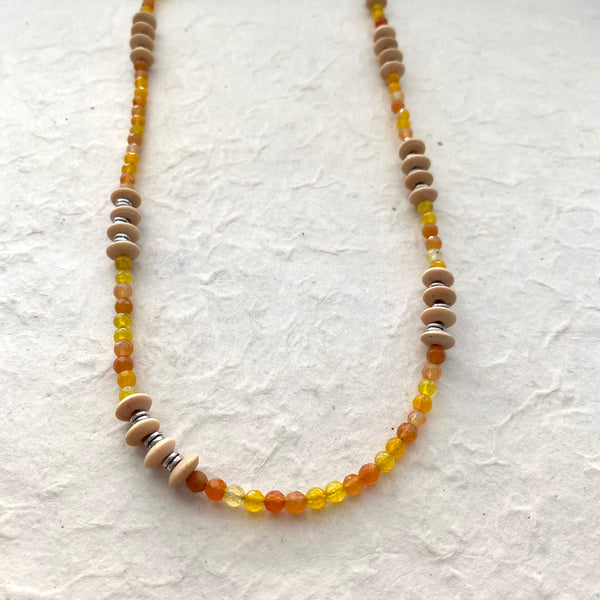 Orange Aventurine and Yellow Agate and Wood Necklace