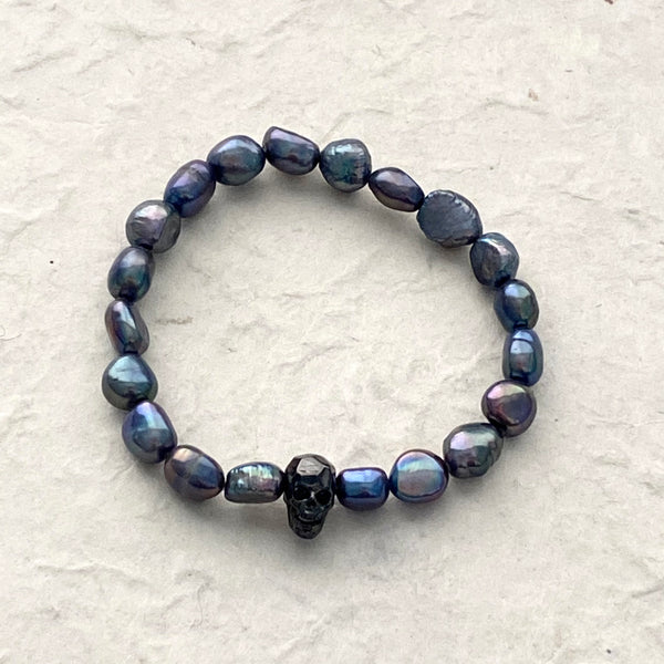 Peacock Pearl and Skull Stretch Bracelet