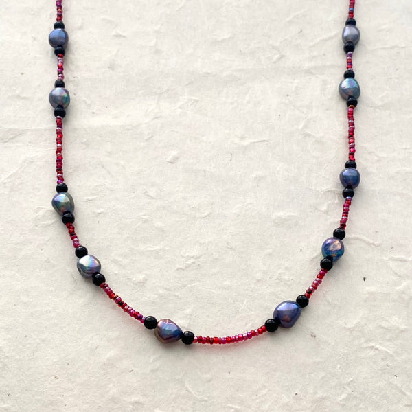 Peacock Pearls with Reddish Pink Glass Bead Necklace