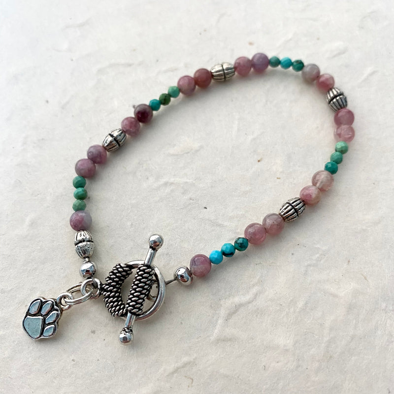 Pink Tourmaline and Turquoise Bead Bracelet with Paw Charm