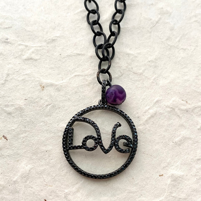 Purple Banded Agate on Black Chain with CZ Love Charm