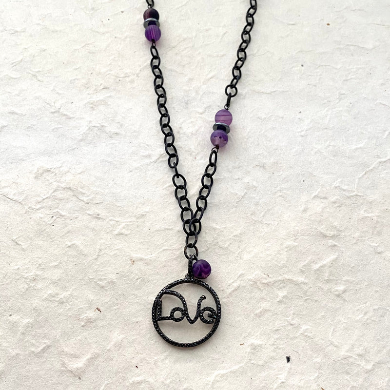 Purple Banded Agate on Black Chain with CZ Love Charm