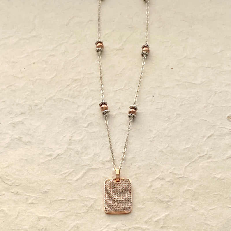Rose Colored CZ Dog Tag on Silver Chain with Rose Colored Metal Beads