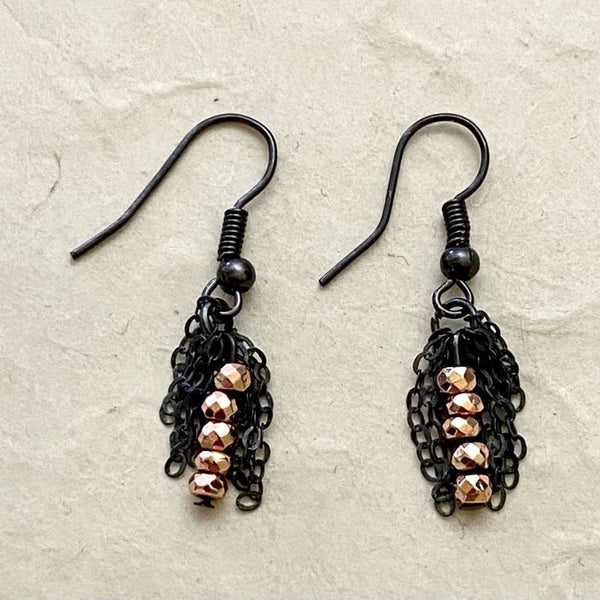 Rose Hematite and Dark Gray Chain Earrings