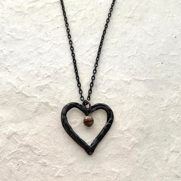 Rustic Steel Chain with Antiqued Heart Pendant