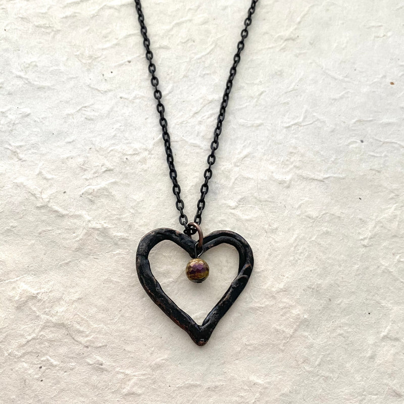 Rustic Steel Chain with Antiqued Heart Pendant