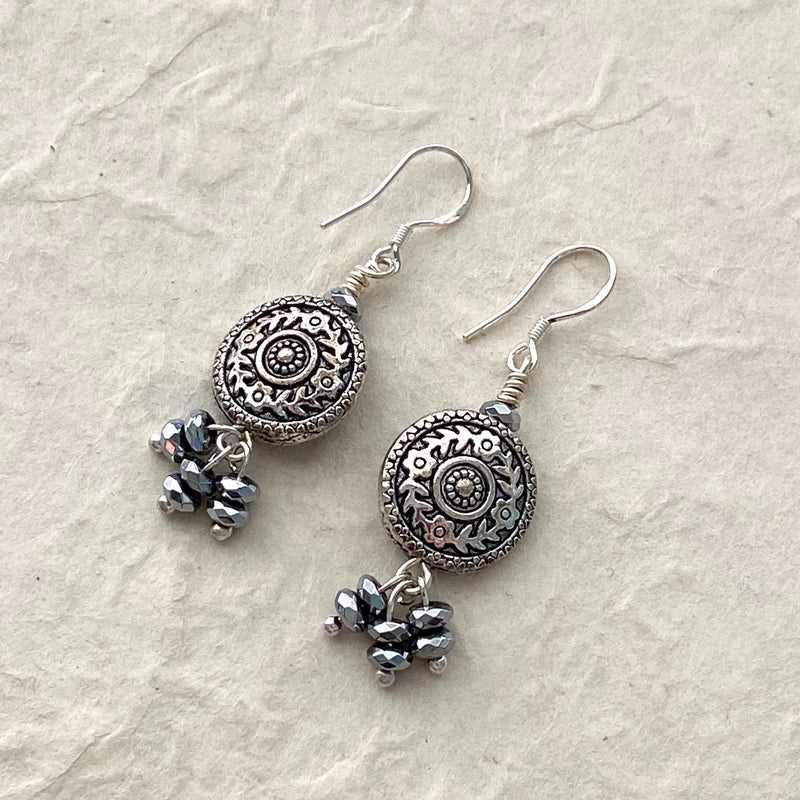 Silver Charm Earrings with Hematite Dangles