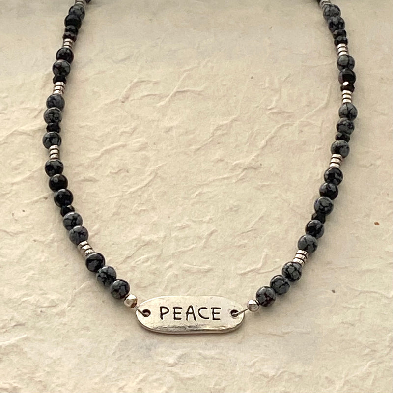 Snowflake Obsidian and Black Spinel Necklace with Peace Charm