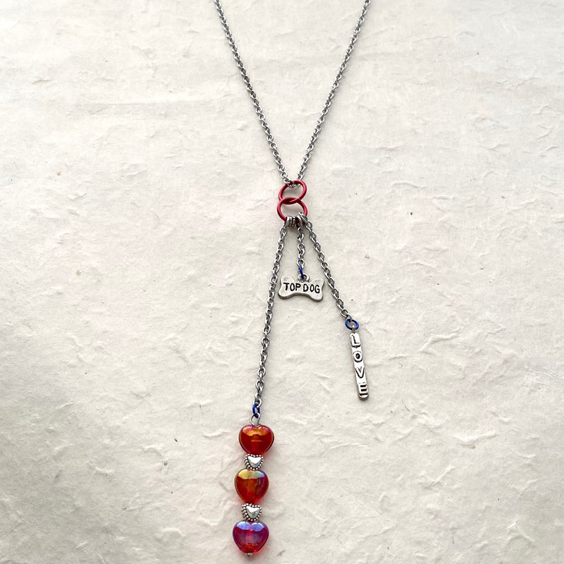 Stainless Chain with Assorted Charms and Glass Heart Charm Necklace