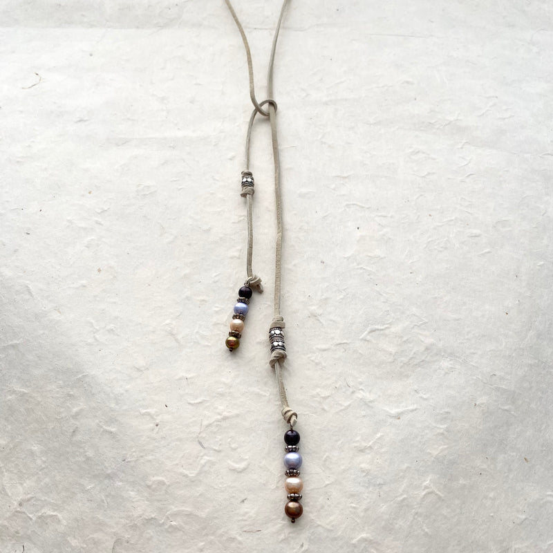 Suede Beige Lariat with Colored Pearls