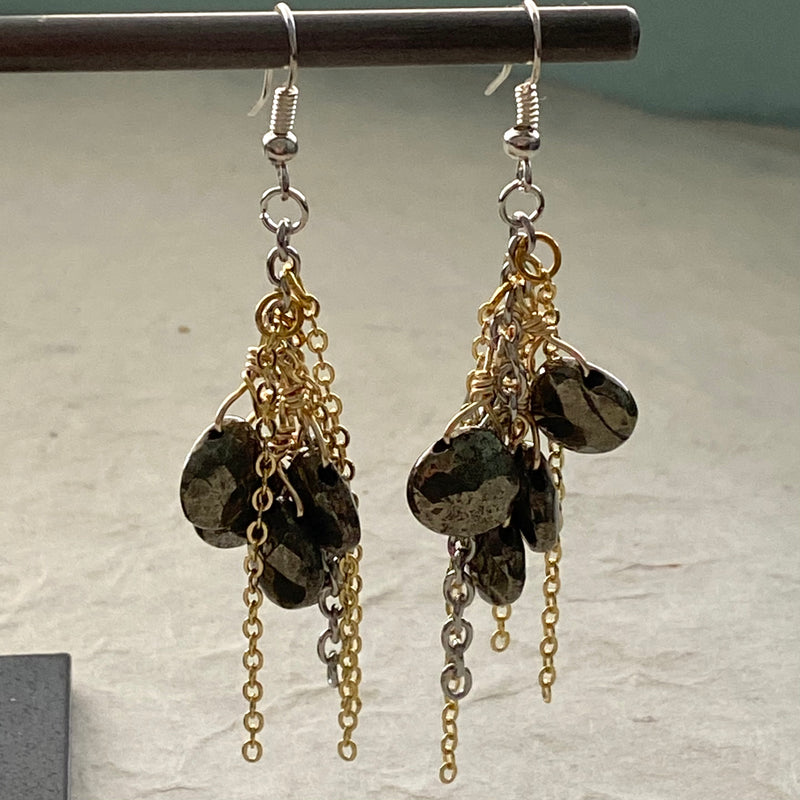 Teardrop Pyrite Dangle Stones with Silver and Gold Chain Earrings