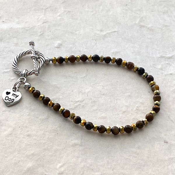 Tiger Eye and Glass Bead Bracelet with Heart Charm