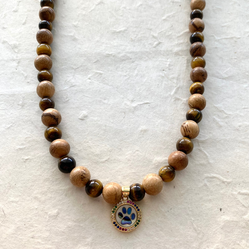 Tiger Eye and Wood Beaded Necklace with Paw Charm Necklace