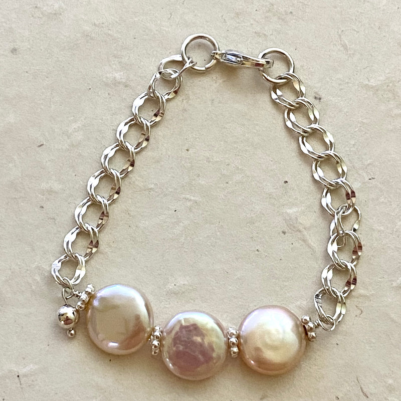 Trio of Coin Pearls on a Sterling Silver Chain Bracelet