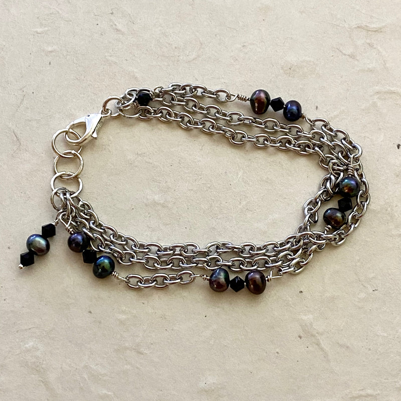 Triple Chain Bracelet with Swarovski and Pearl Beads