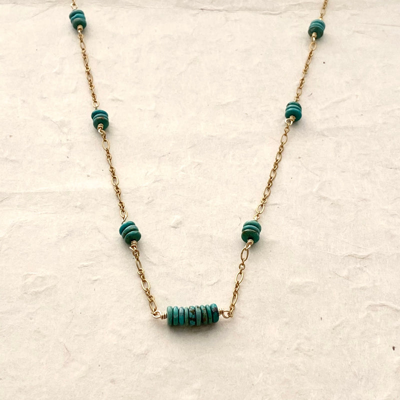 Turquoise Discs on a Matte Gold Necklace