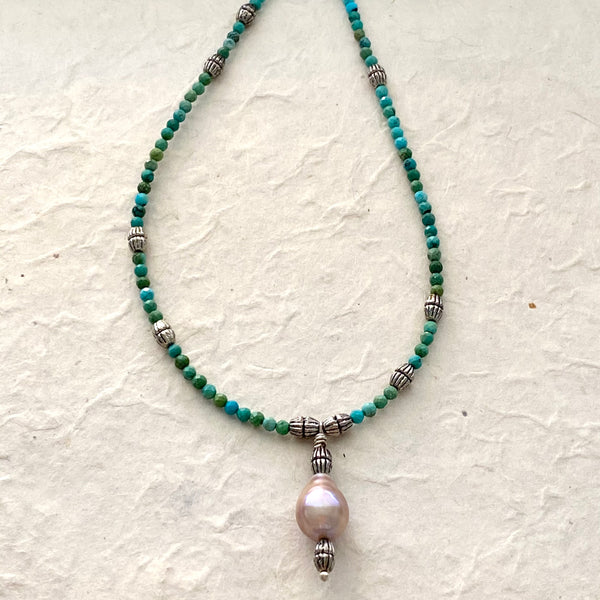 Turquoise and Freshwater Pearl Necklace with Extender Chain