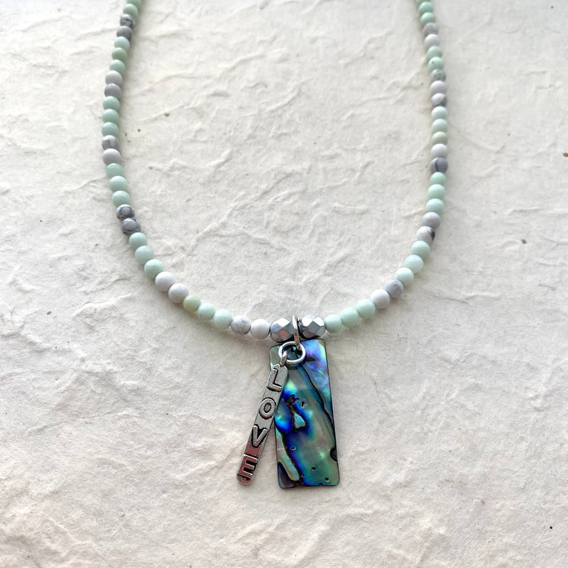 White Howlite and Light Green Opal with Abalone and Love Charm Necklace