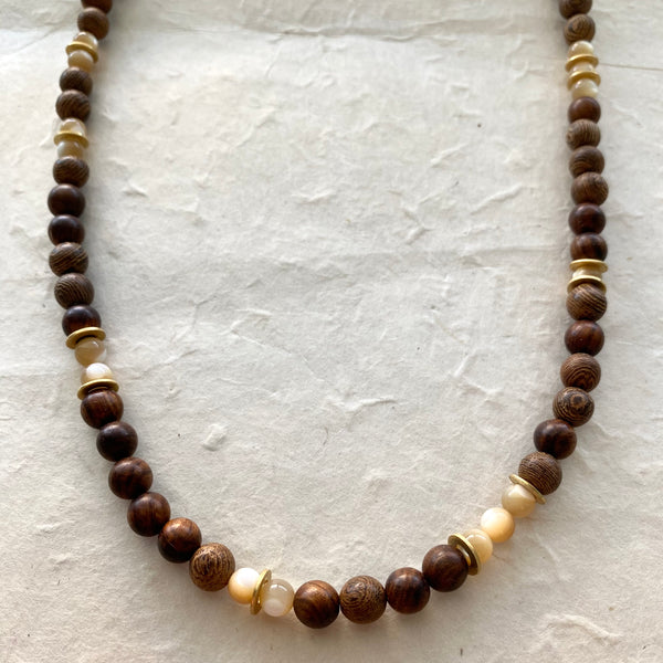 Wood and Mother of Pearl Beaded Necklace