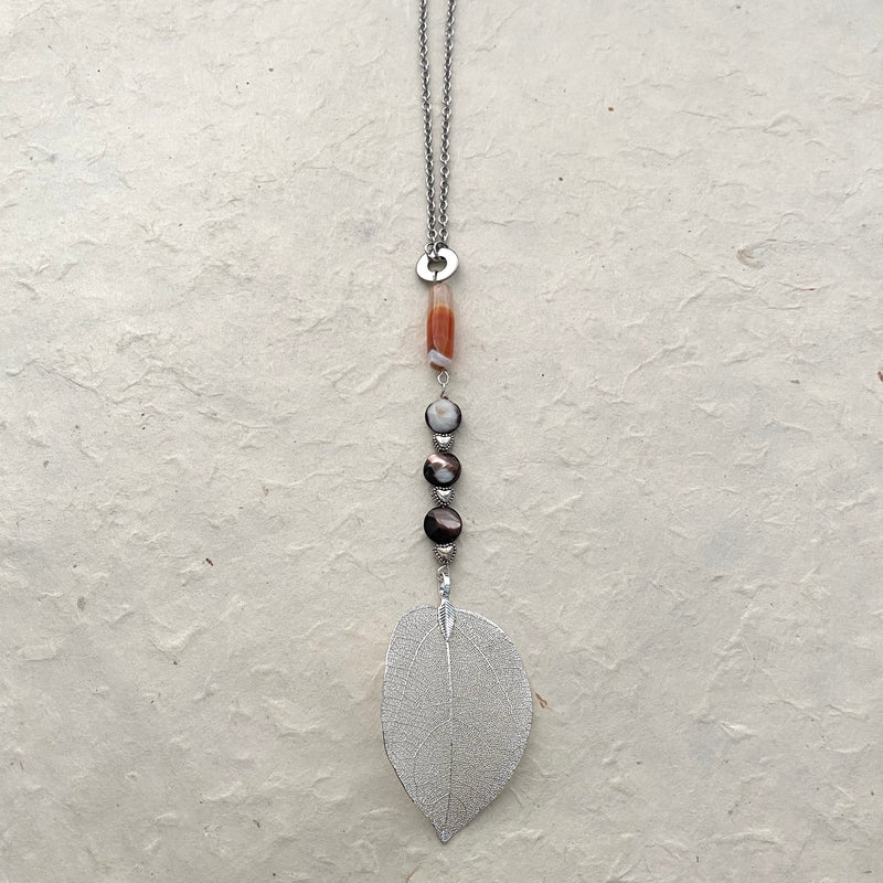 Y Necklace with Silver Leaf Drop with Agate and Mother of Pearl Beads