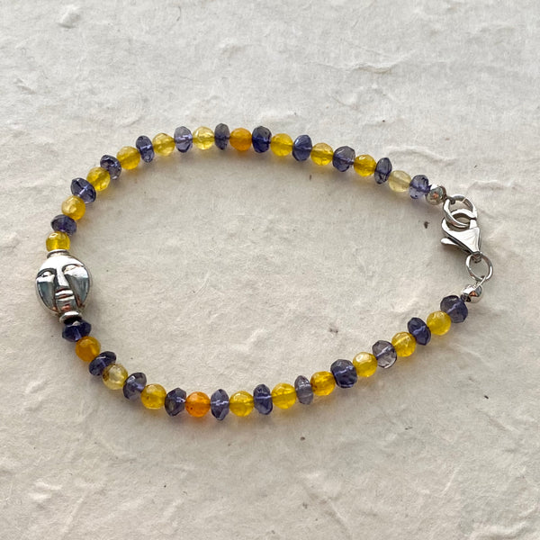 Yellow Agate and Amethyst Beads with Moon Face Silver Charm Bracelet